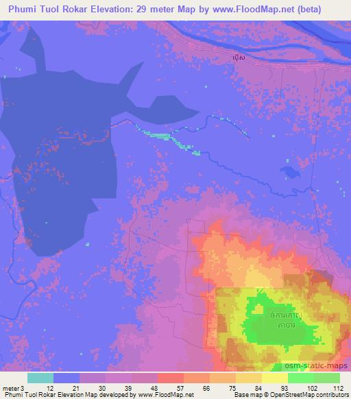 Phumi Tuol Rokar,Cambodia Elevation Map