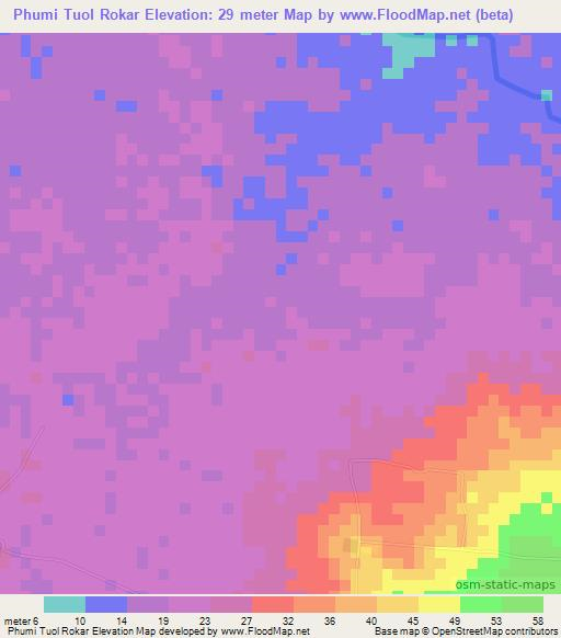 Phumi Tuol Rokar,Cambodia Elevation Map
