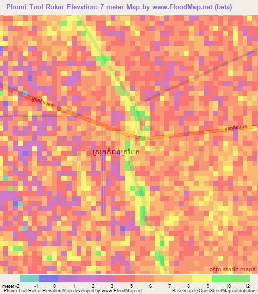 Phumi Tuol Rokar,Cambodia Elevation Map