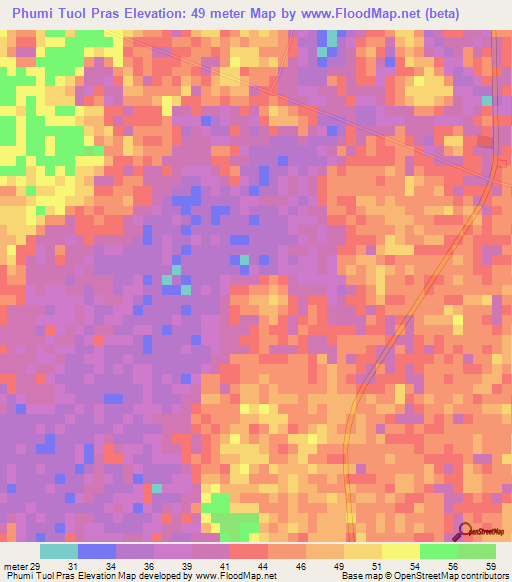 Phumi Tuol Pras,Cambodia Elevation Map