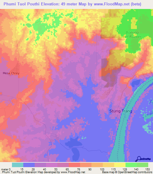 Phumi Tuol Pouthi,Cambodia Elevation Map