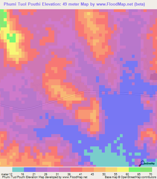 Phumi Tuol Pouthi,Cambodia Elevation Map
