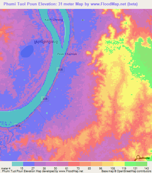 Phumi Tuol Poun,Cambodia Elevation Map