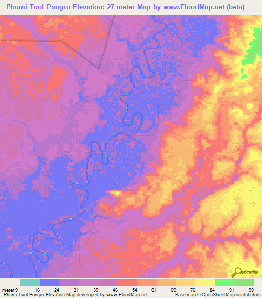 Phumi Tuol Pongro,Cambodia Elevation Map