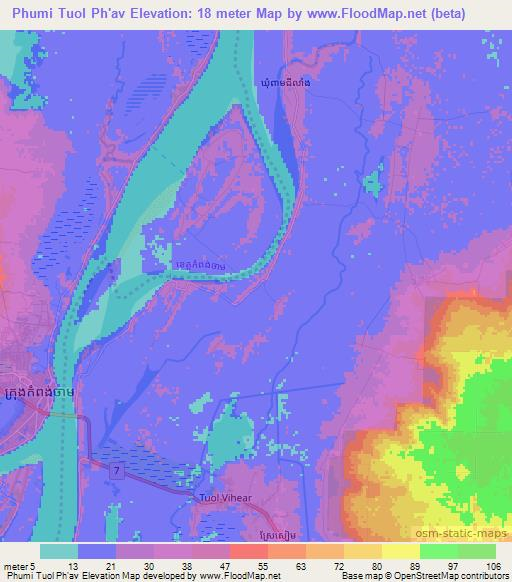 Phumi Tuol Ph'av,Cambodia Elevation Map