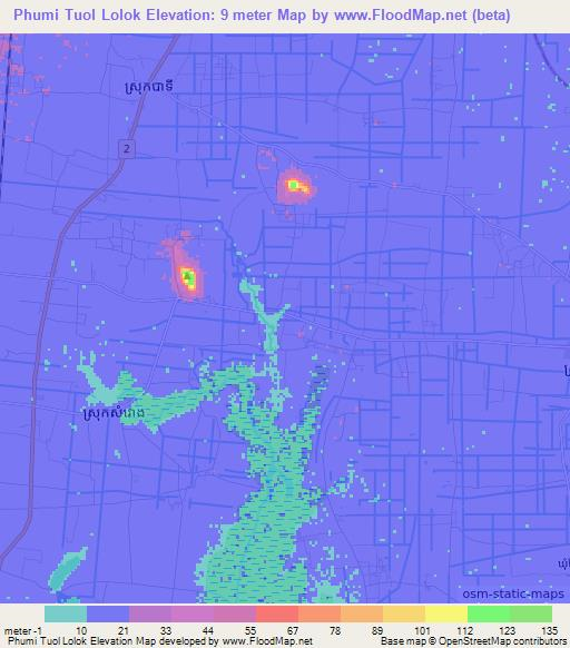 Phumi Tuol Lolok,Cambodia Elevation Map