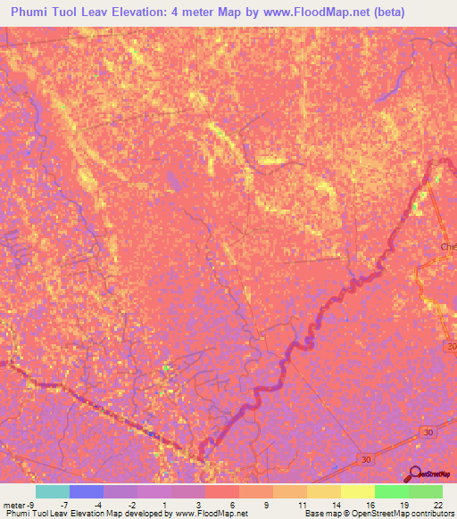 Phumi Tuol Leav,Cambodia Elevation Map