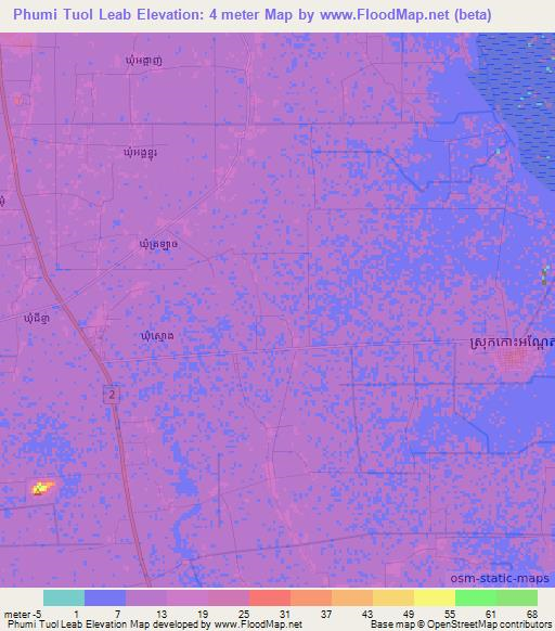 Phumi Tuol Leab,Cambodia Elevation Map