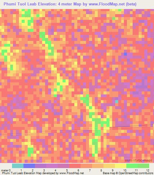 Phumi Tuol Leab,Cambodia Elevation Map