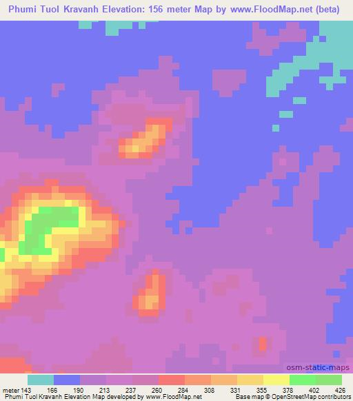 Phumi Tuol Kravanh,Cambodia Elevation Map