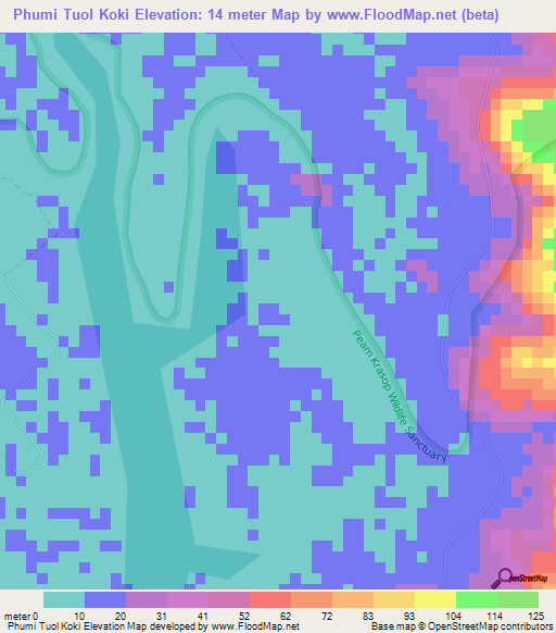 Phumi Tuol Koki,Cambodia Elevation Map