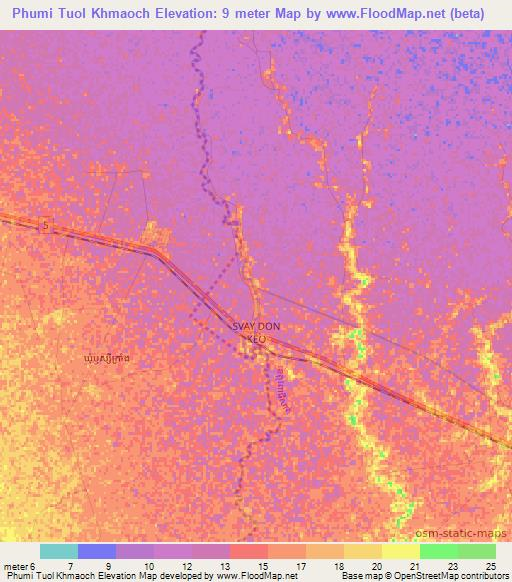 Phumi Tuol Khmaoch,Cambodia Elevation Map