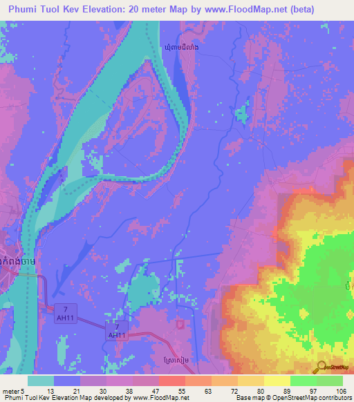 Phumi Tuol Kev,Cambodia Elevation Map