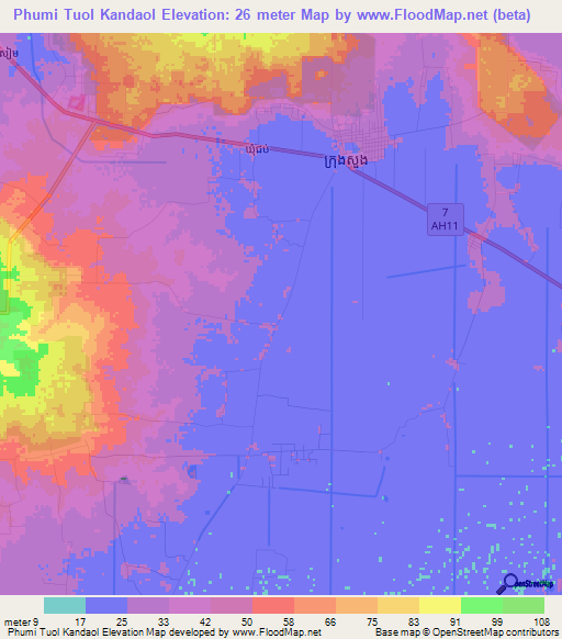 Phumi Tuol Kandaol,Cambodia Elevation Map