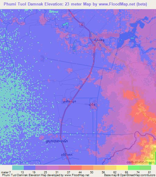 Phumi Tuol Damnak,Cambodia Elevation Map