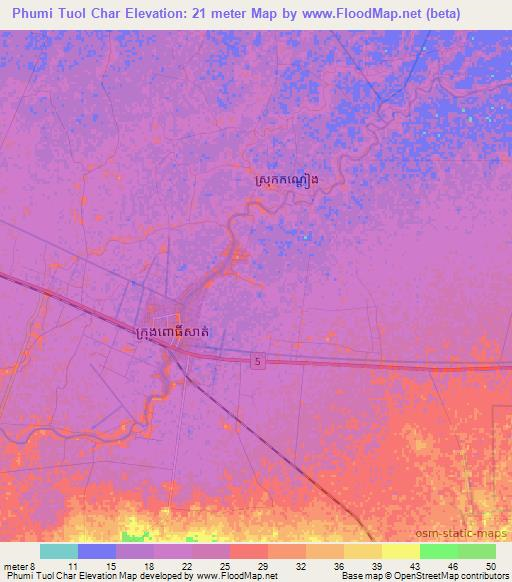 Phumi Tuol Char,Cambodia Elevation Map