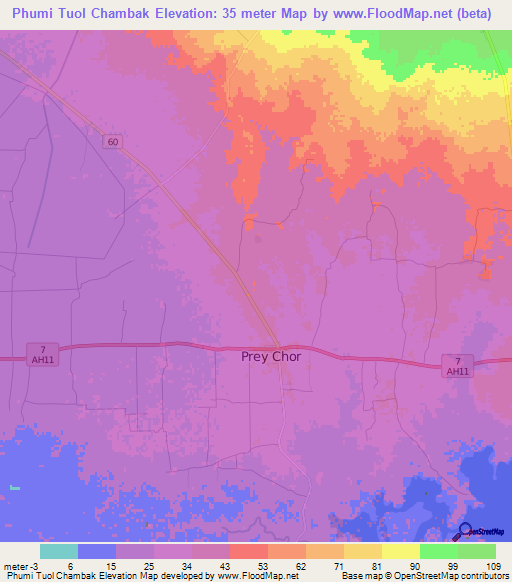 Phumi Tuol Chambak,Cambodia Elevation Map
