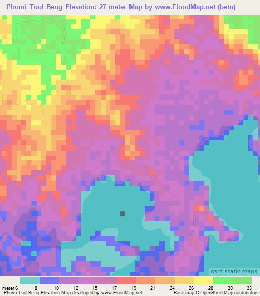 Phumi Tuol Beng,Cambodia Elevation Map