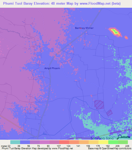 Phumi Tuol Baray,Cambodia Elevation Map