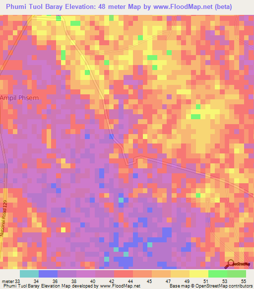 Phumi Tuol Baray,Cambodia Elevation Map