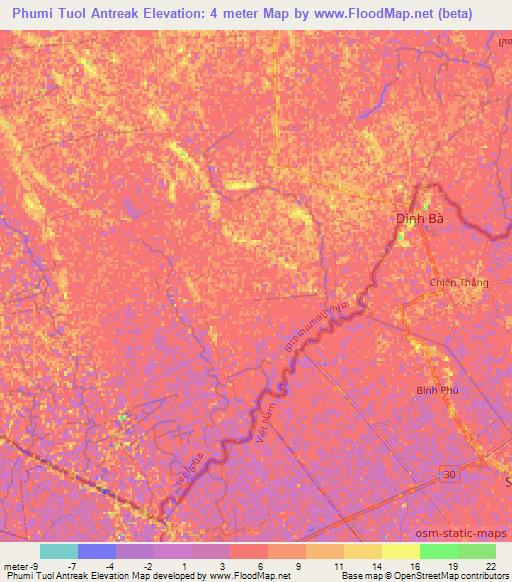 Phumi Tuol Antreak,Cambodia Elevation Map