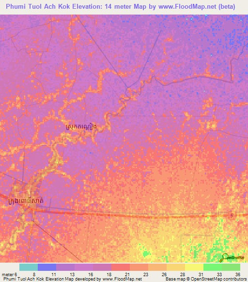 Phumi Tuol Ach Kok,Cambodia Elevation Map