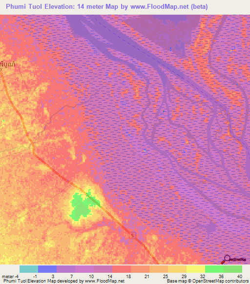 Phumi Tuol,Cambodia Elevation Map