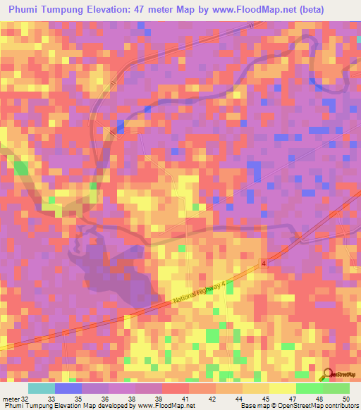 Phumi Tumpung,Cambodia Elevation Map