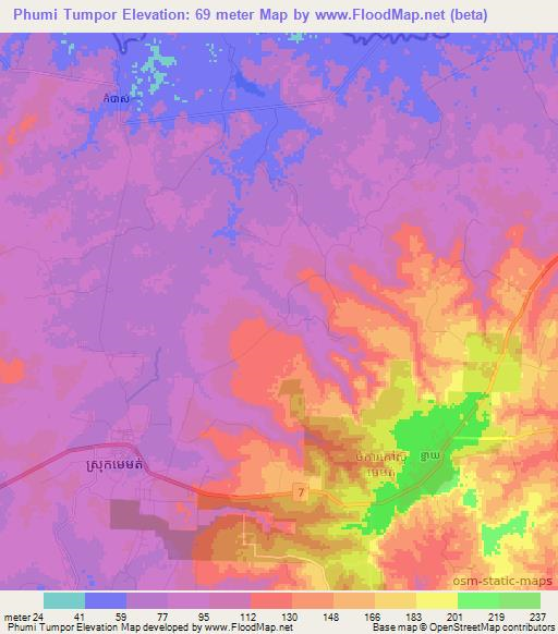 Phumi Tumpor,Cambodia Elevation Map