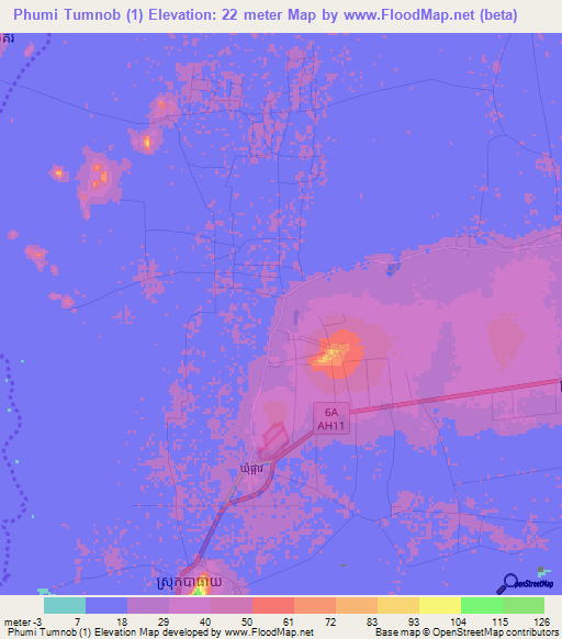 Phumi Tumnob (1),Cambodia Elevation Map