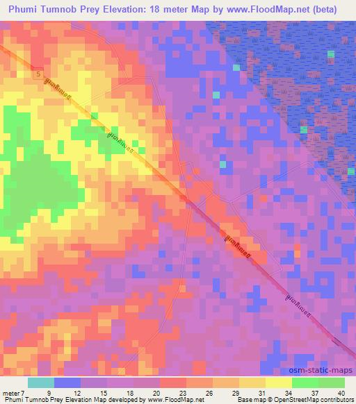 Phumi Tumnob Prey,Cambodia Elevation Map