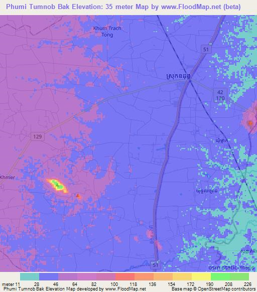 Phumi Tumnob Bak,Cambodia Elevation Map