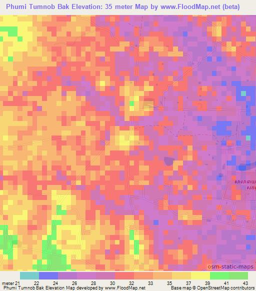 Phumi Tumnob Bak,Cambodia Elevation Map