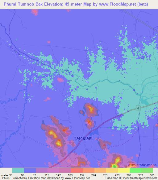 Phumi Tumnob Bak,Cambodia Elevation Map