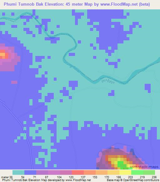 Phumi Tumnob Bak,Cambodia Elevation Map