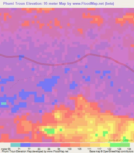 Phumi Troun,Cambodia Elevation Map
