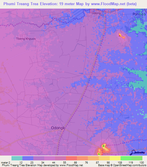 Phumi Treang Trea,Cambodia Elevation Map