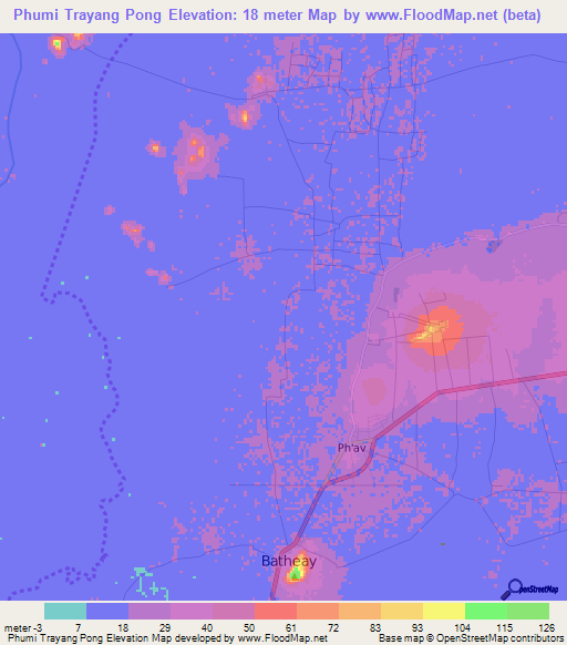 Phumi Trayang Pong,Cambodia Elevation Map