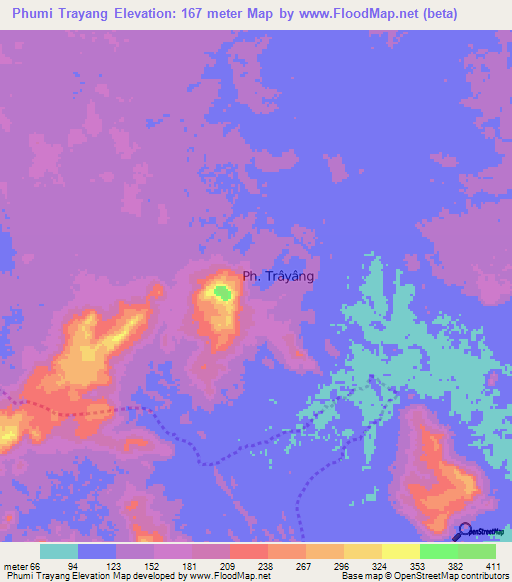 Phumi Trayang,Cambodia Elevation Map