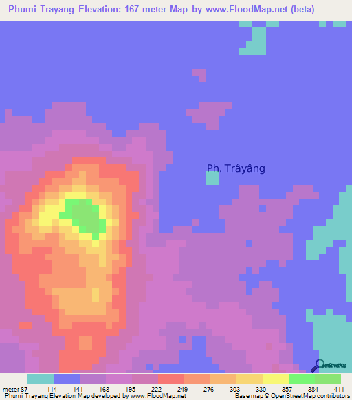Phumi Trayang,Cambodia Elevation Map