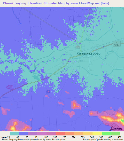 Phumi Trayang,Cambodia Elevation Map