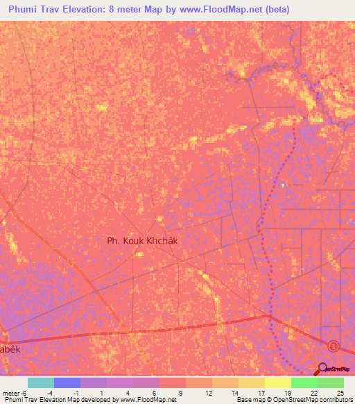 Phumi Trav,Cambodia Elevation Map
