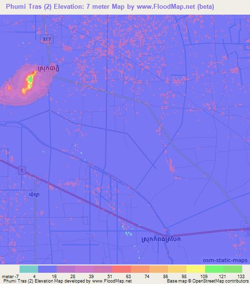 Phumi Tras (2),Cambodia Elevation Map