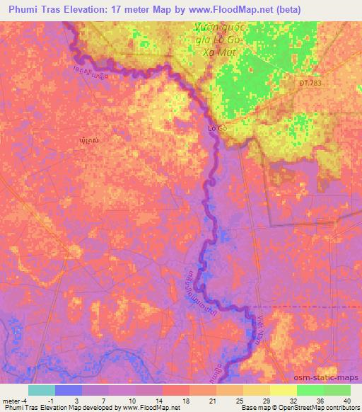 Phumi Tras,Cambodia Elevation Map