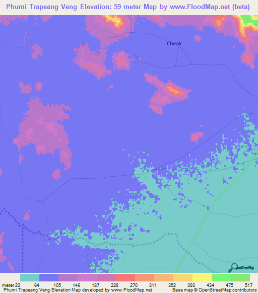 Phumi Trapeang Veng,Cambodia Elevation Map