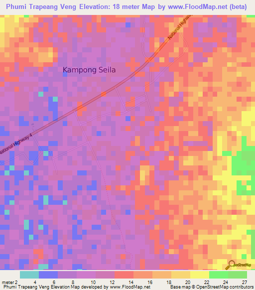 Phumi Trapeang Veng,Cambodia Elevation Map