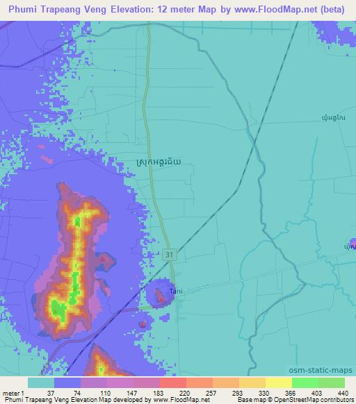 Phumi Trapeang Veng,Cambodia Elevation Map