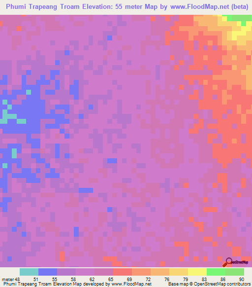 Phumi Trapeang Troam,Cambodia Elevation Map