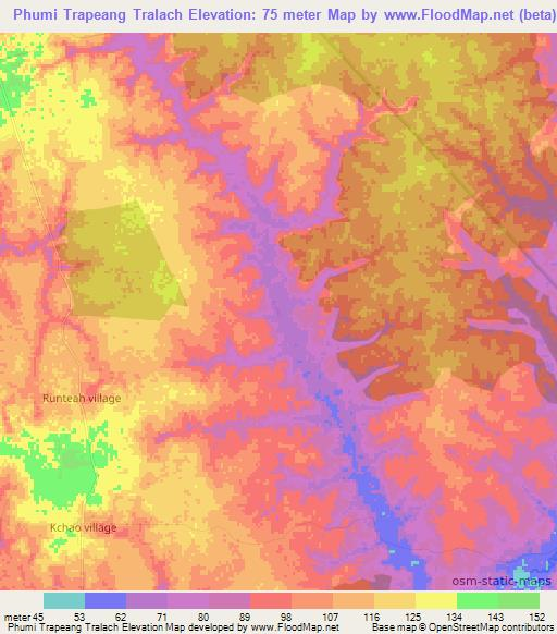 Phumi Trapeang Tralach,Cambodia Elevation Map