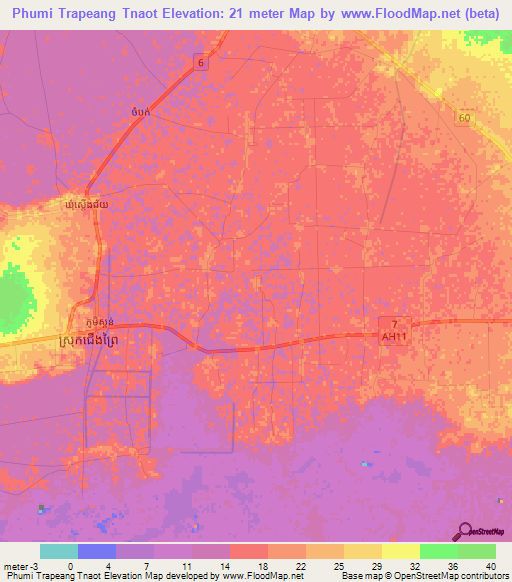 Phumi Trapeang Tnaot,Cambodia Elevation Map